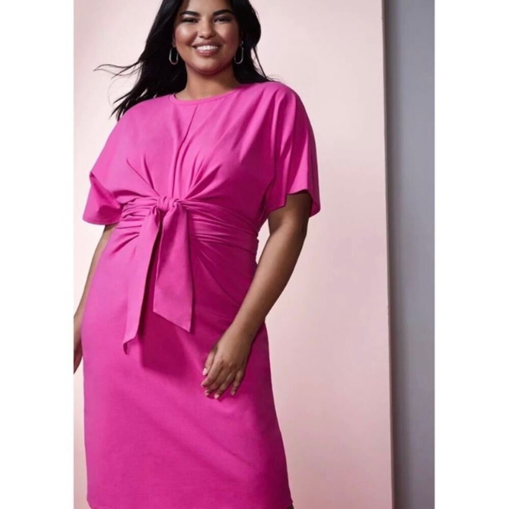 Eloquii Pink Cross Front Waist Tie Flutter Sleeve Midi Dress Sz.24W NWT - Picture 3 of 16